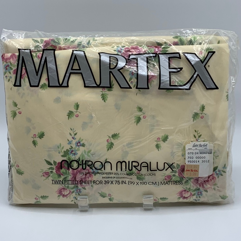 Vtg Martex No Iron Twin Fitted Sheet Cottagecore Ivory Floral Made in USA New